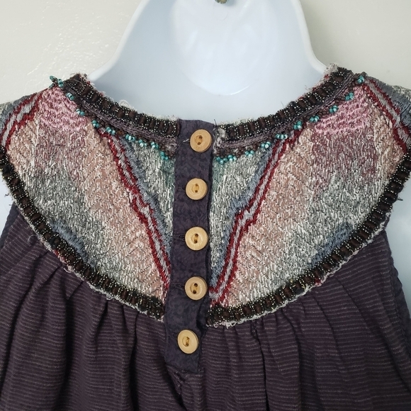 Free People XS Dark Purple Striped Embellished Sleeveless Blouse Button Beading - Picture 6 of 9